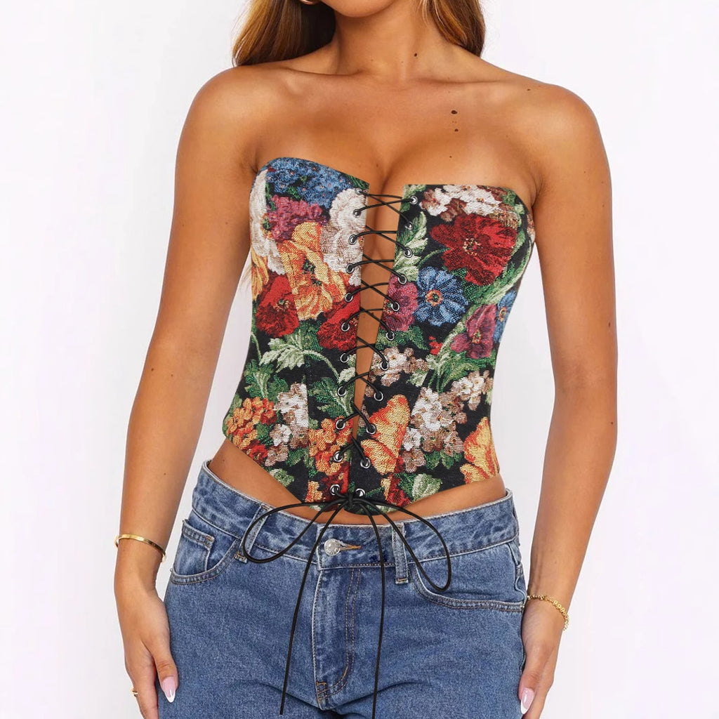 Sexy Tube Top Strap Vest Women Irregular Asymmetric Short Cropped Outfit Printed Boning Corset Bra Sexy Top