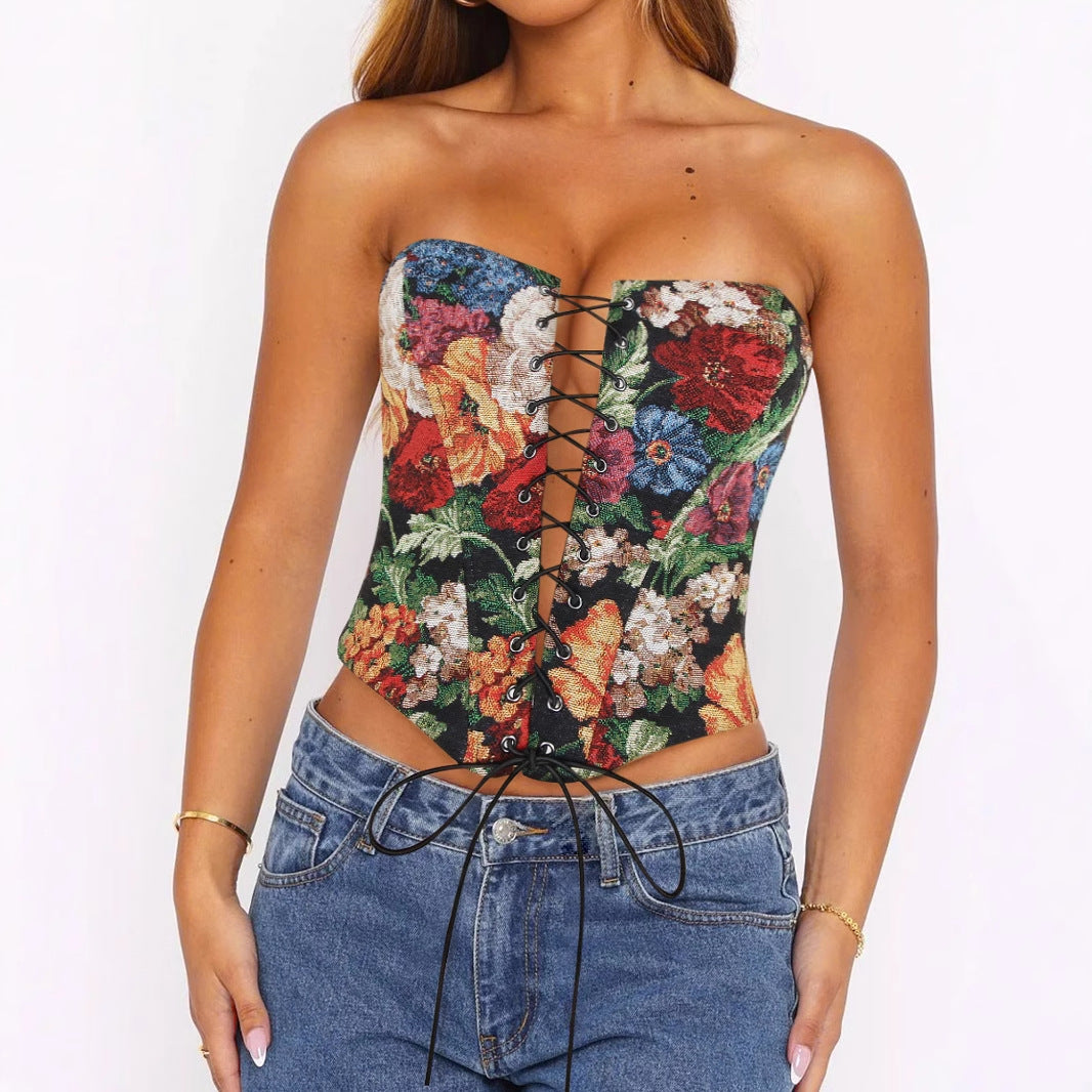 Débardeur bustier sexy à bretelles fines, coupe asymétrique courte, imprimé, corset à baleines.
