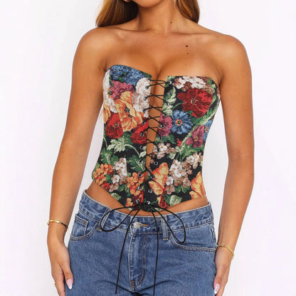 Débardeur bustier sexy à bretelles fines, coupe asymétrique courte, imprimé, corset à baleines.