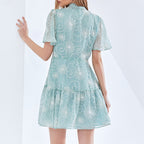 Early Spring Elegant Stand Collar Short Sleeve Printed Short Dress Plus Size Tiered Dress BOCAS