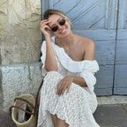 Gentle Polyester Cotton Diagonal Shoulder Design Sexy Five Quarter Sleeve White Shirt Women Top FOREVEREIGHTEEN