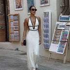 Autumn Winter Women Color Contrast V Neck Halter Lace Up Backless Knitted Dress YIMAIL