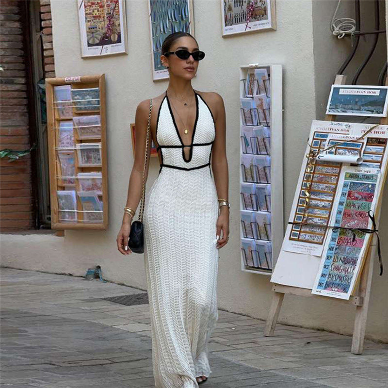 Autumn Winter Women Color Contrast V Neck Halter Lace Up Backless Knitted Dress YIMAIL
