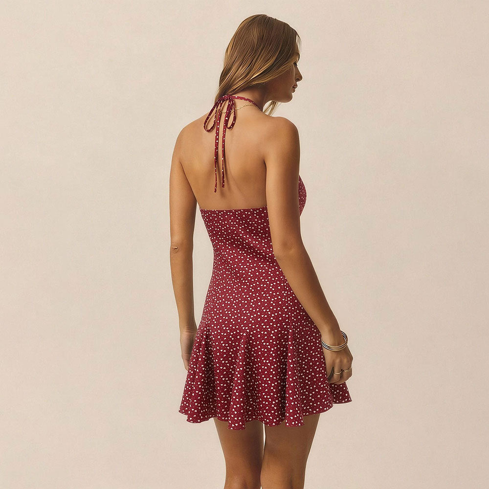 Summer Wine Red Polka Dot Floral Dress Waist Trimming Ruffles Short Dress Yiskiss