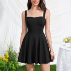 Summer Women Cami Dress Sexy Backless Lace up Waist Slimming A line Splicing Dress SUNSHINE