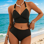 Tankini Solid Color Rib Fabric Lace up Sexy Bikini Split Swimsuit Swimwear Women WithWind