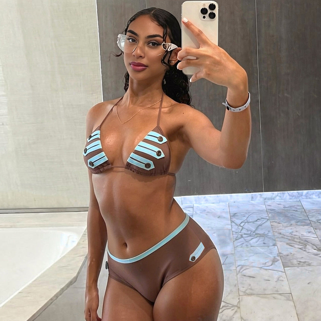 Spring Women Clothing Vacation Halter Lace up Backless Sexy Bikini Set Cecil