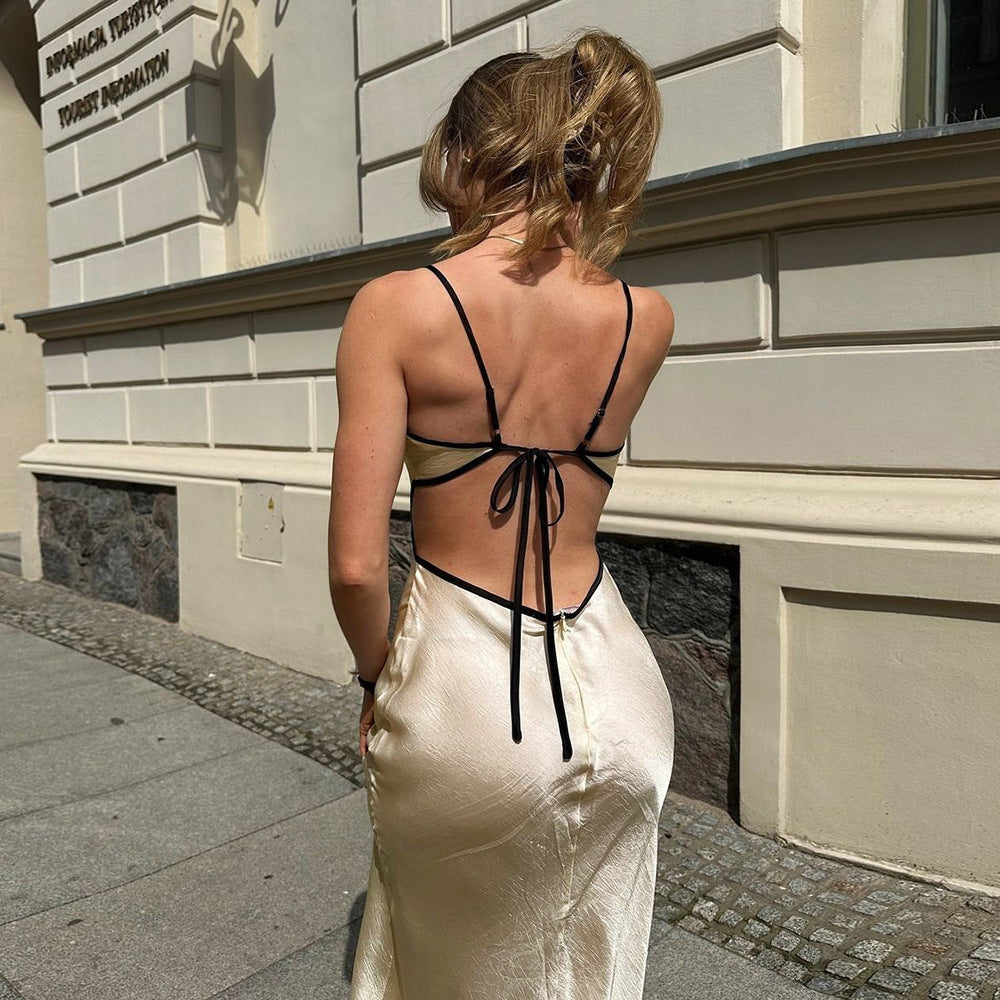 Vestido sexy de primavera y verano para mujer, con contraste de colores, corte ajustado, espalda descubierta, cuello halter y tirantes en la cadera.