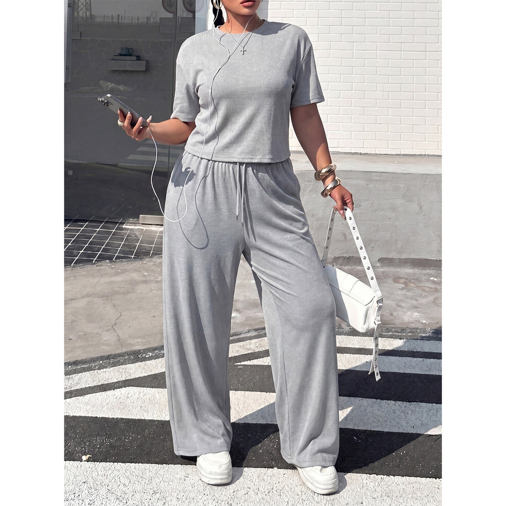 Plus Size Women Clothing Casual Two Piece Set round Neck Short Short Sleeve T shirt Drawstring High Waist Wide Leg Pants Loose Outfit CJENNY