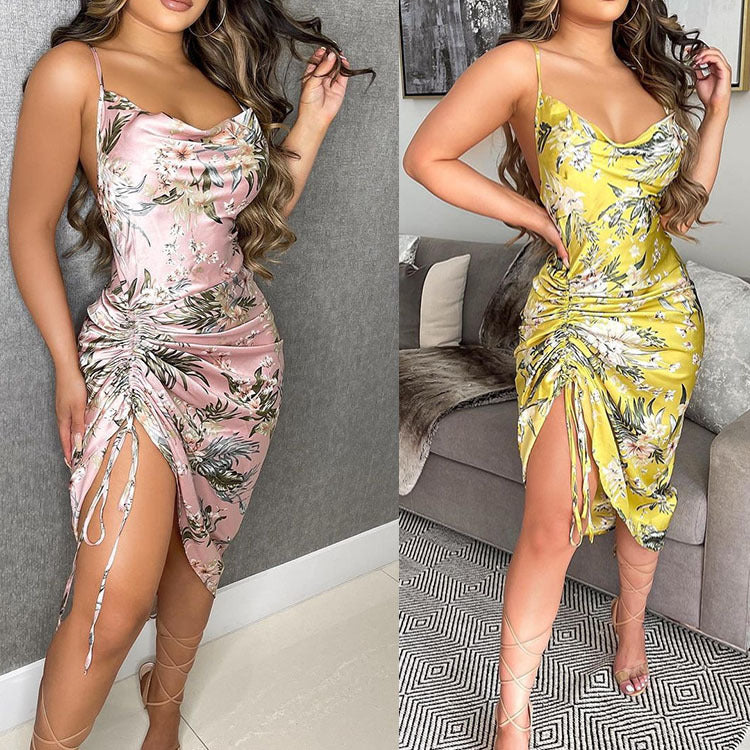 Women Clothing Halter High Printed Sexy Irregular Asymmetric Dress CHC