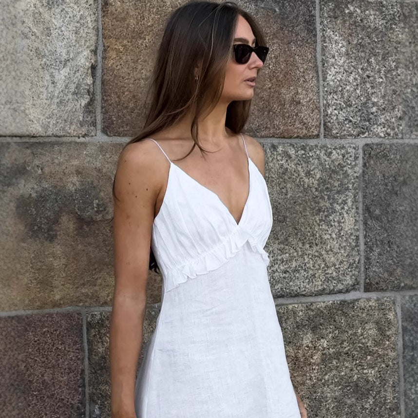 Sexy White Cotton Linen V neck Flounce Loose Sling Dress Spring Summer Vacation Maxi Dress FOREVEREIGHTEEN
