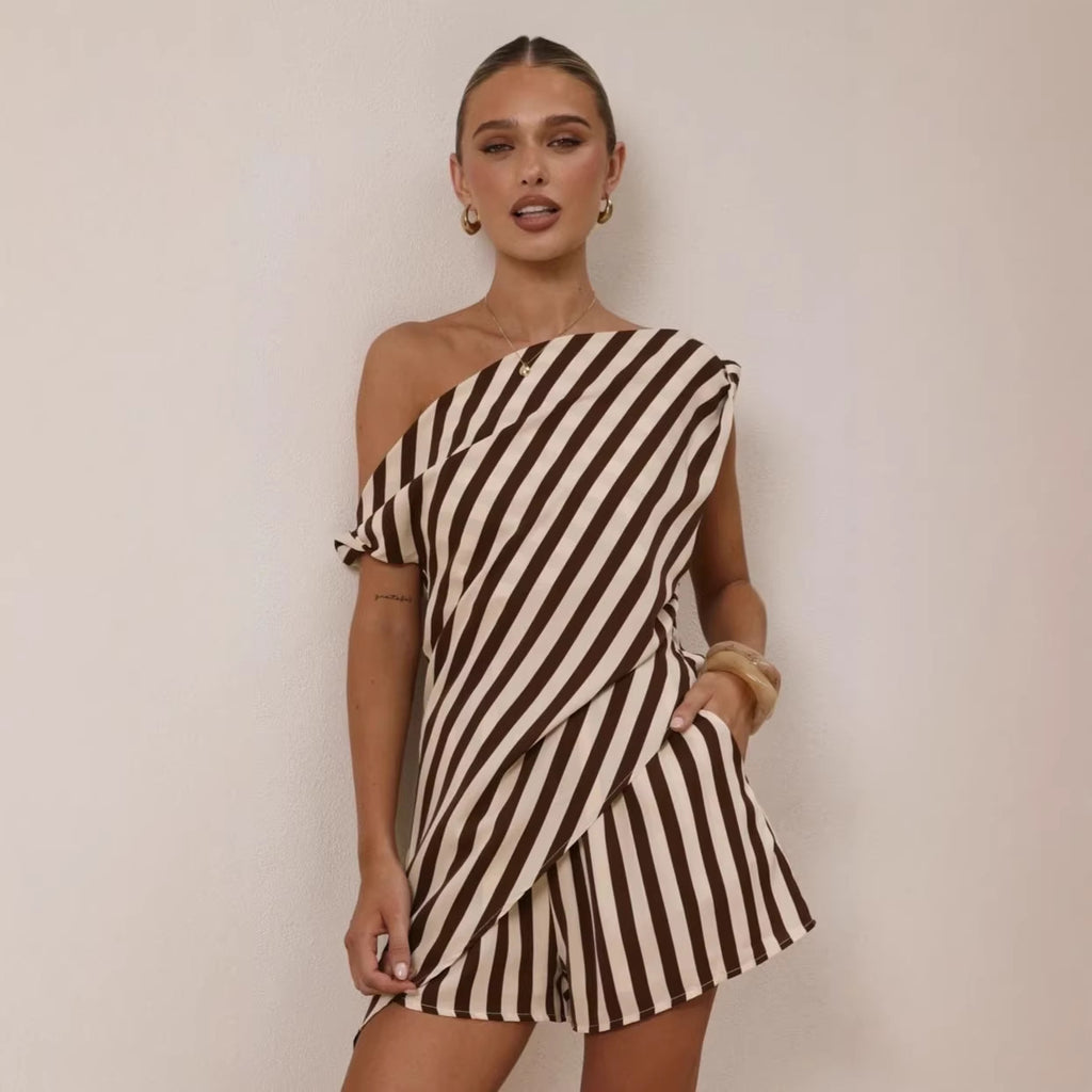 Summer Printed Shoulder Personal Casual Top Loose Shorts Two Piece Sets Zemy