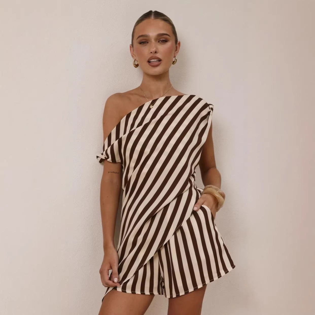 Summer Printed Shoulder Personal Casual Top Loose Shorts Two Piece Sets Zemy