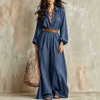 Bohemian Shirt Jumpsuit Graceful Puff Sleeve Wide Leg Long Jumpsuit with Belt Venly
