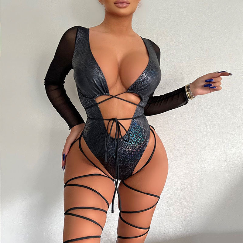 Maillot de bain sexy à manches longues pour femmes, bikini à lacets, découpe, dos nu, bronzant