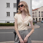 Casual Pleated Tops French Women Striped Button Small Short Sleeve Shirt Rogan