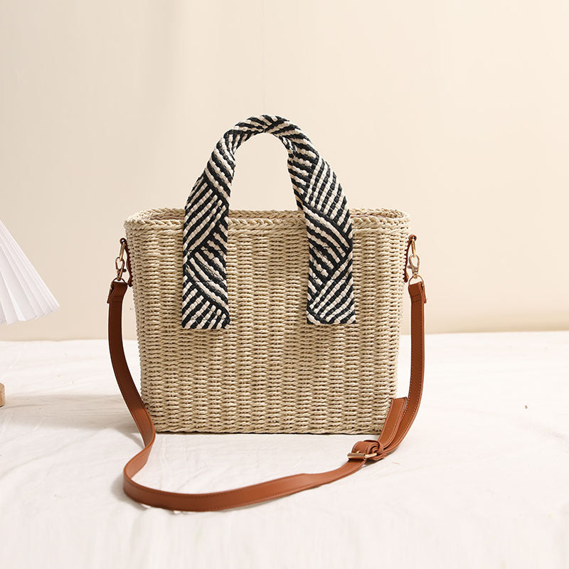 Bolso de paja de mano, cuadrado, de color liso, cruzado, tejido, para vacaciones, playa, de gran capacidad 