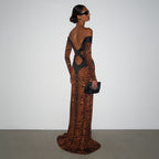 Fall Women Clothing Sexy off the Shoulder Hollow Out Cutout Backless Leopard Print Slim Fit Long Sleeved Dress Dores
