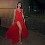 Robe sexy à bretelles, dos nu et fente, pour femme