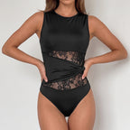 Design Twist Stitching Lace Hollow Out Cutout Sexy Slim Fit Sleeveless Leotard Women Summer Jeme
