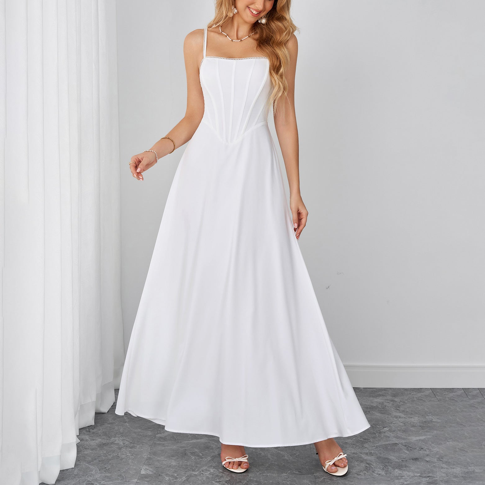 Summer Cami Dress Sexy Backless Lace up Waist Slimming Boning Corset Maxi Dress SUNSHINE