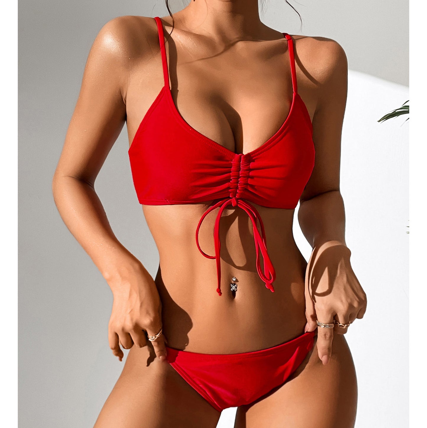 Traje de baño de bikini de cintura alta con cordón de color sólido y encaje sexy para mujer