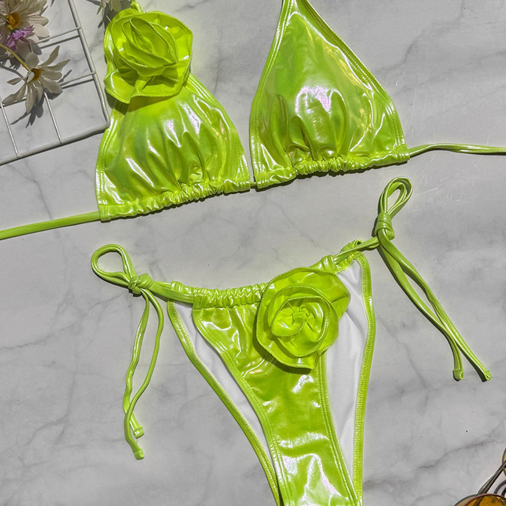 Bronzed Fabric Split Bikini Three Dimensional Floral Sexy Hanging Triangle Bag Swimsuit Chimie