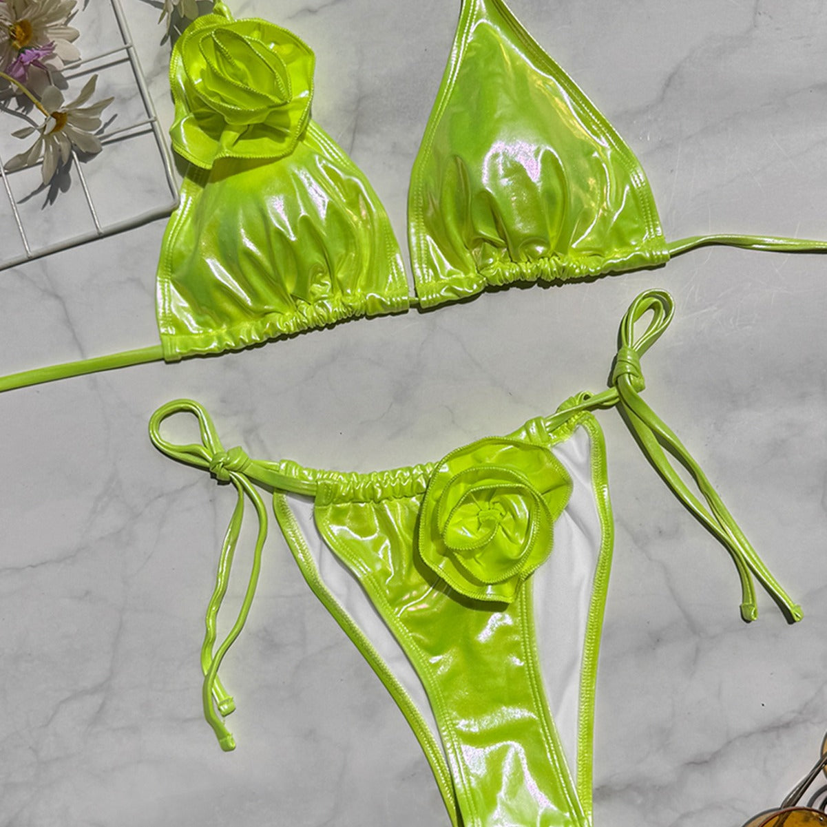 Bronzed Fabric Split Bikini Three Dimensional Floral Sexy Hanging Triangle Bag Swimsuit Chimie