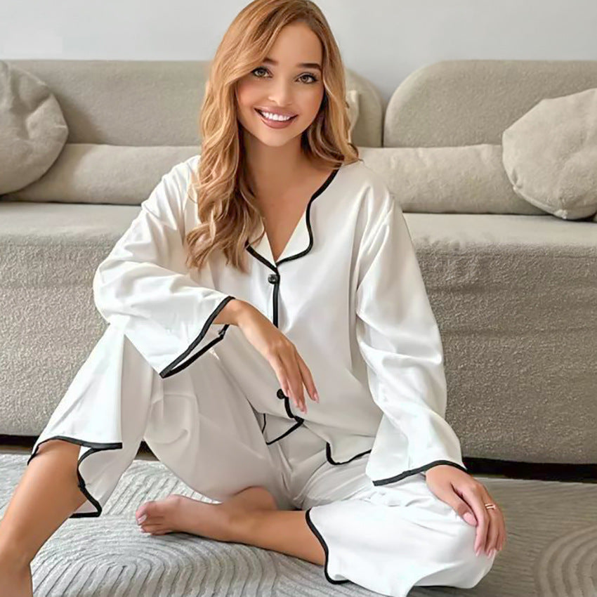Pijamas cómodos de manga larga para mujer, ropa de casa con patchwork y contraste de colores modal de otoño