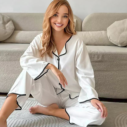 Pijamas cómodos de manga larga para mujer, ropa de casa con patchwork y contraste de colores modal de otoño