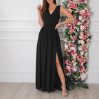 Women Clothing Summer Solid Color V neck Sexy Slit Hemline Hem Dress Qube