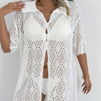 Cárdigan de cuello polo para mujer, ropa de playa sexy con recortes, tejido, holgado, de manga corta