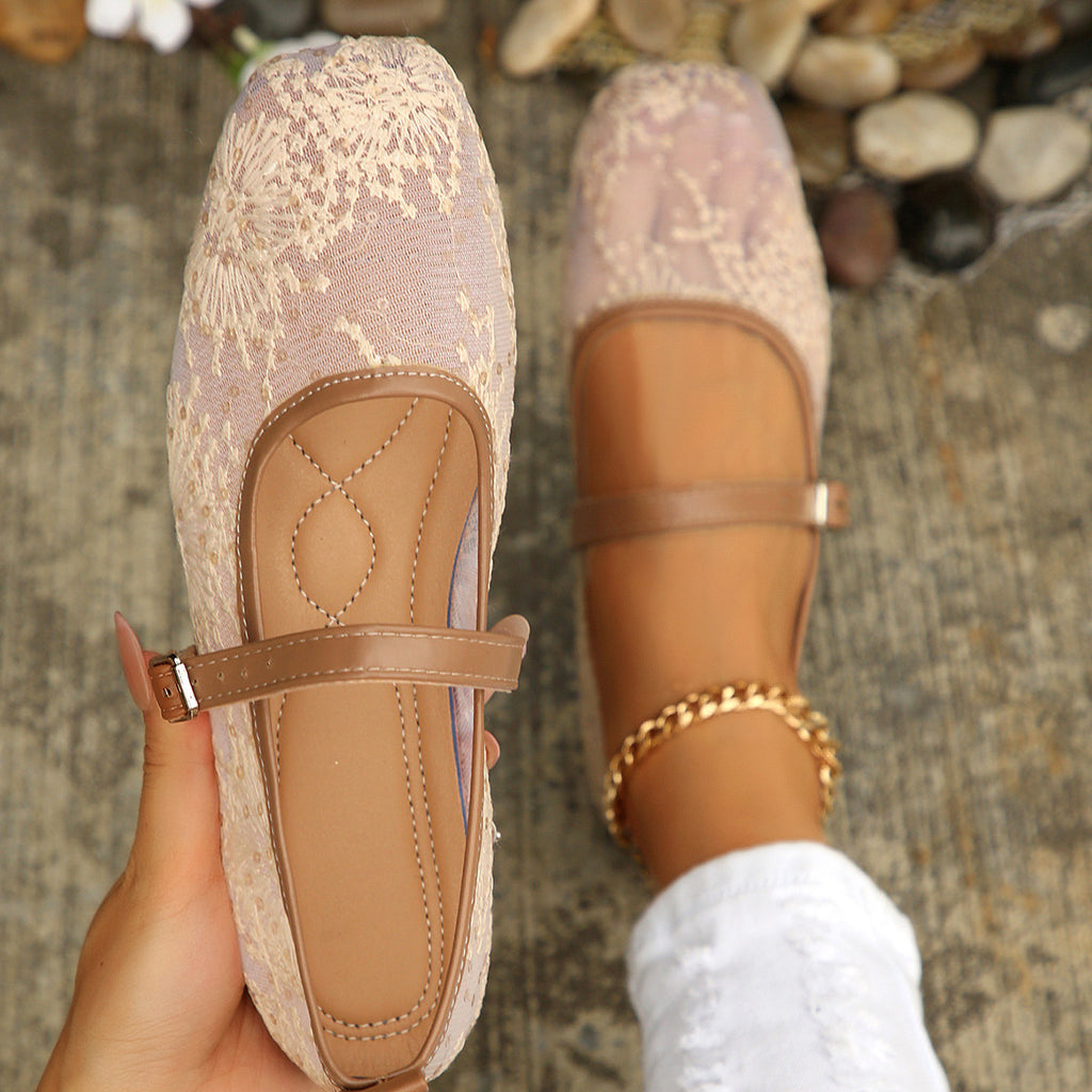 Mesh Breathable Low Top Shoes Women Vintage Mary Jane Flat Shallow Belt Buckle Loafers ZUIMEI