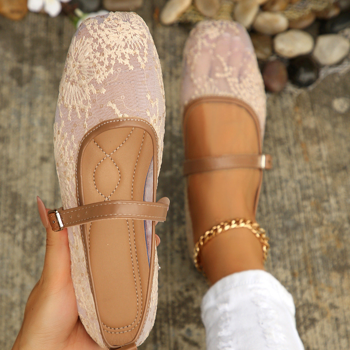Mesh Breathable Low Top Shoes Women Vintage Mary Jane Flat Shallow Belt Buckle Loafers ZUIMEI