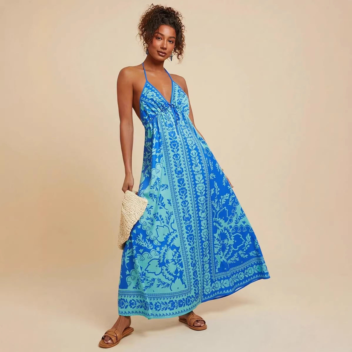 Summer V neck Backless Sexy Positioning Printed Burnt Floral Dress XUYUN