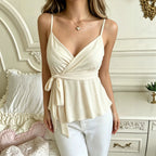 French Gentle Camisole Women Summer Cross V neck Lace up Waist Trimming Ruffles Slimming Top Yiskiss