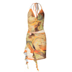 Women Clothing Summer Printing Sexy Backless Lace up Dress