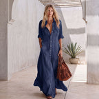 Loose Long Blouse Collar Dress Summer Women Clothing Solid Color Casual Office Maxi Dress Dio