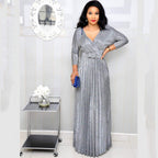 Winter African Women Wear Long Sleeve Bronzing Pleated Swing Dress with Belt Glittering Powder Fabric