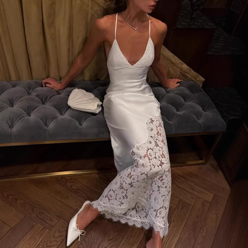 French Elegant Lace V neck Patchwork Strap Dress Hollow Out Cutout Sexy Backless Lace up Evening Dress LaceCH