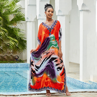Rayon Positioning Floral Loose Vacation Maxi Dress Robe Beach Sun Protection Swimsuit Outwear Blouse
