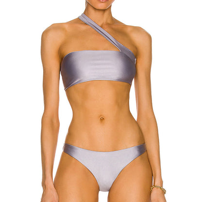 Swimsuit Women Bikini Solid Color Swimsuit Women Single Shoulder Sloping Shoulder Tube Top Bikini