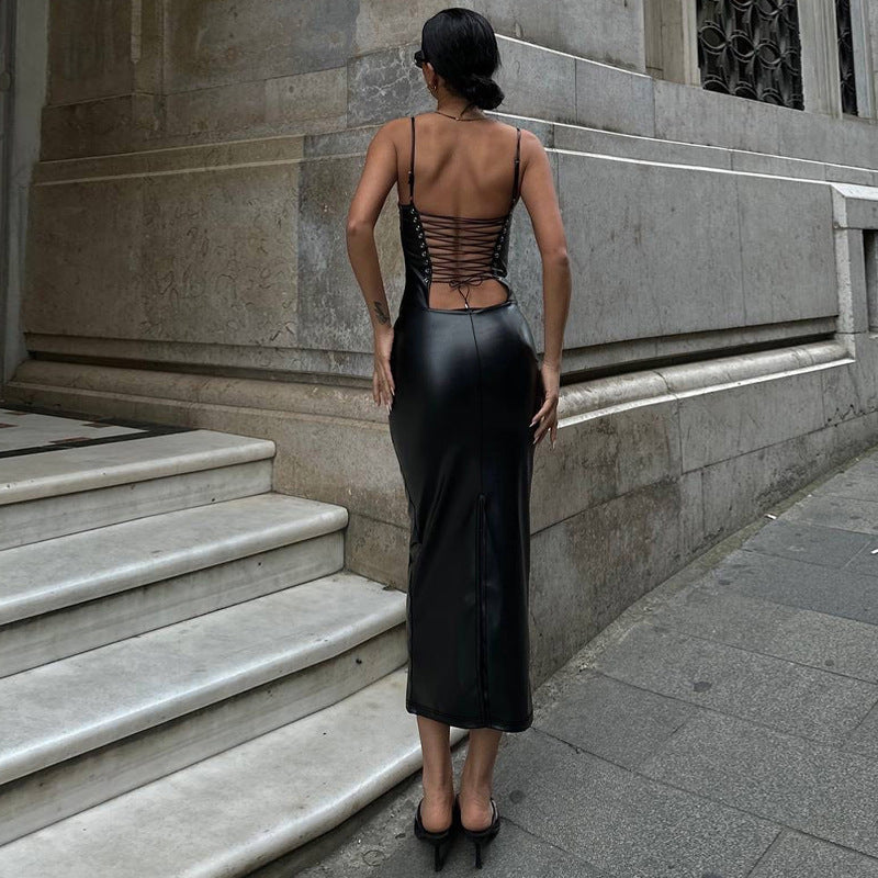 Women Clothing Summer Faux Leather Sexy Backless Lace Up Tight Waist Sheath Split Sling Dress SaturdayNight