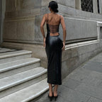 Women Clothing Summer Faux Leather Sexy Backless Lace Up Tight Waist Sheath Split Sling Dress SaturdayNight