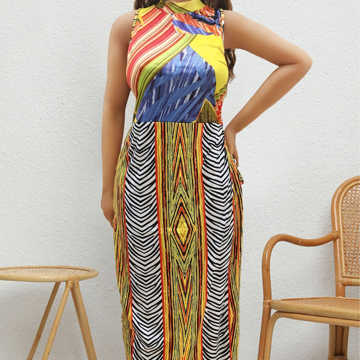 plus Size Women Women Clothing Summer Retro Mixed Color Printing Random Non Positioning Split Tied Dress Oyimi