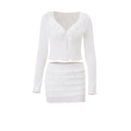 Ensemble cardigan et jupe fourreau à col V décolleté plongeant et volants pour femme, automne