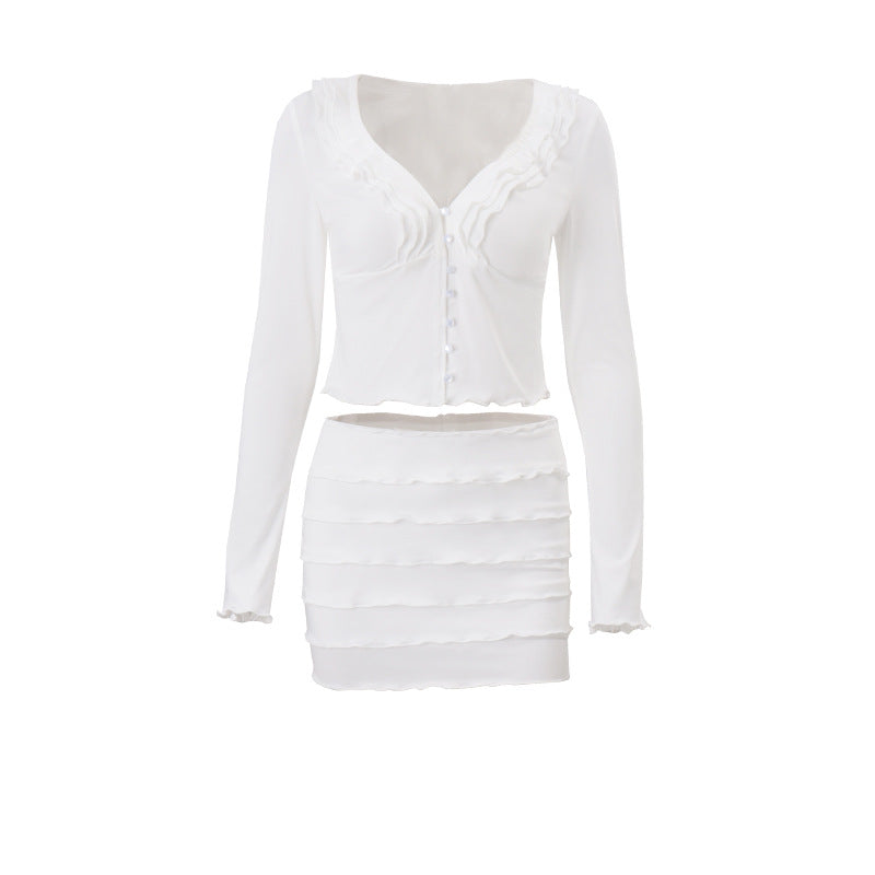 Women Clothing Fall V neck Low Cut Ruffled Hooks Cardigan Top Sheath Skirt Set