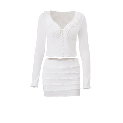Women Clothing Fall V neck Low Cut Ruffled Hooks Cardigan Top Sheath Skirt Set