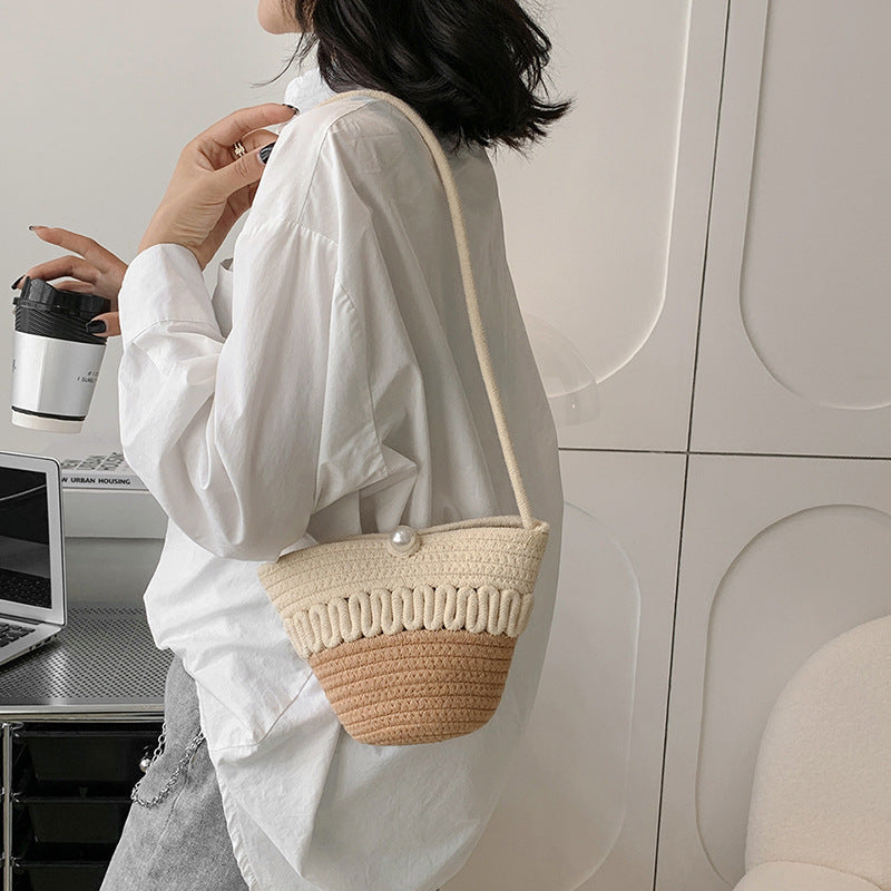 Crossbody Straw Bag Cotton Thread Woven Bag Mobile Phone Change Key Case Hollow Out Cutout Cotton Thread Woven Bag Casual Cute Women EaseWoven
