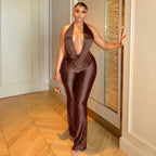 Slim Fit Women Loose Halter Slimming Jumpsuit Sports Pleated Swing Collar Solid Color Long Jumpsuit Kinci